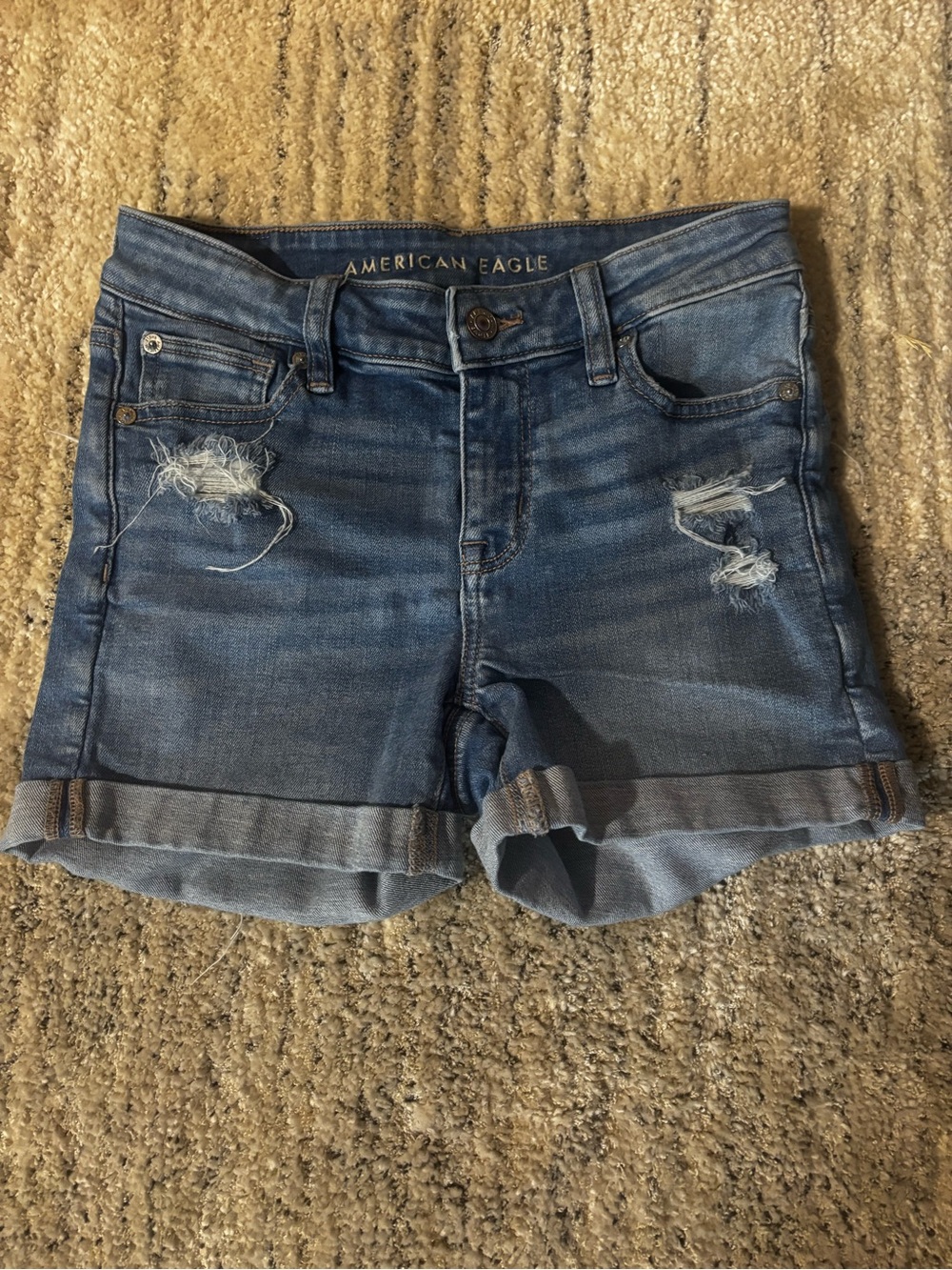 American Eagle Distressed Midi Denim Shorts Size 0 Cuffed Stretch Real‎ Good